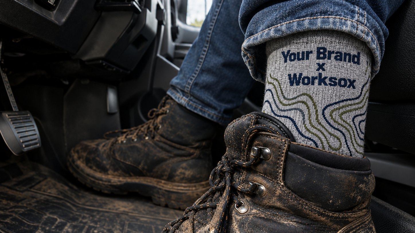 A custom Worksox sock reading Your Brand X Worksox, worn with muddy work boots in a truck footwell
