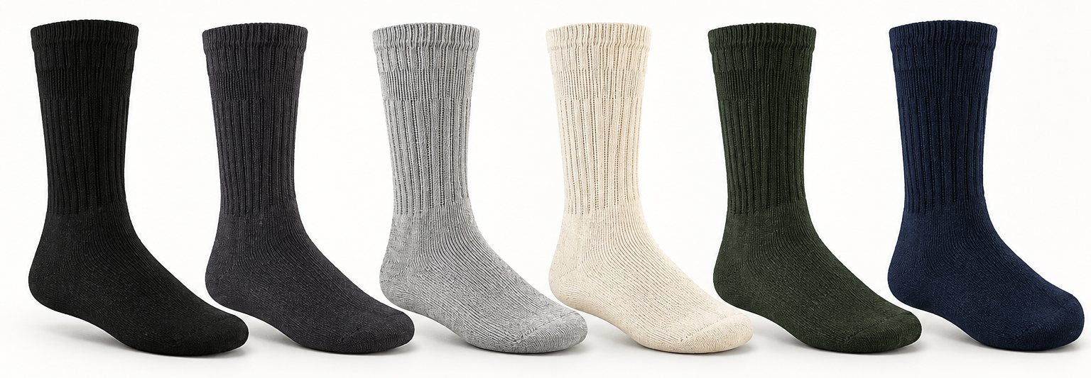 The six Worksox base sock colors side by side: black, dark grey, grey, off white, olive and navy