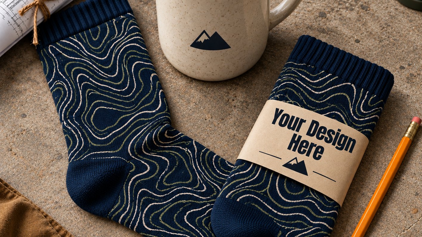 A pair of navy Worksox custom socks with a topographic pattern, banded with a Your Design Here wrap beside rolled drawings and a coffee